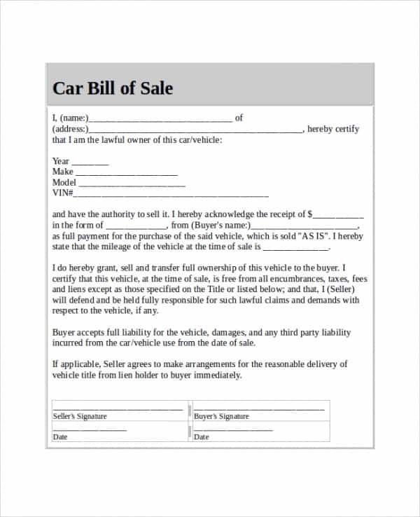 Bill Of Sale Sample For Car And Massachusetts Automobile Bill Of Sale Sample