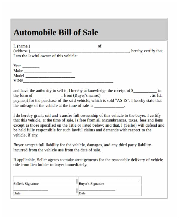 Car Bill Of Sale Example And Bill Of Sale Word Template