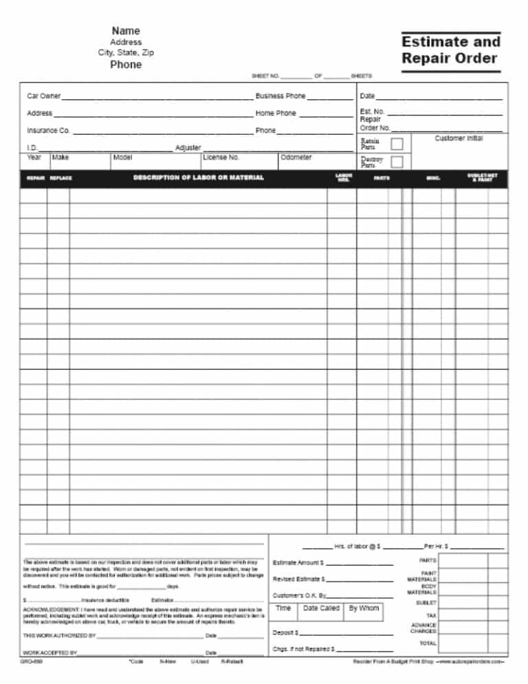 Home Repair Estimate Template And Free Mechanic Invoice Template