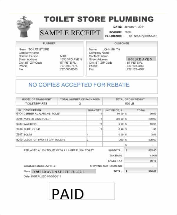Plumbing Receipt Template And Plumbing Business Software