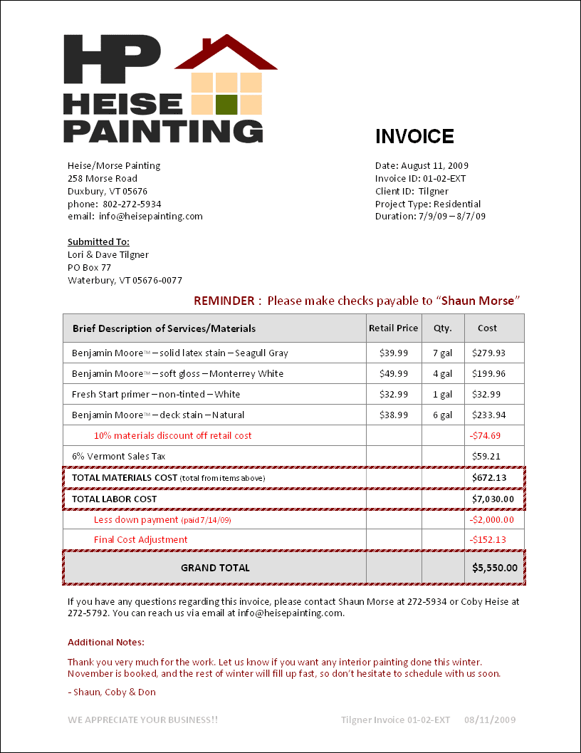 Sample Of Painting Invoice And Invoice For Painting Job