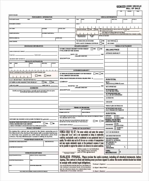 Vehicle Bill Of Sale Template Fillable Pdf And Bill Of Sale For Used Car