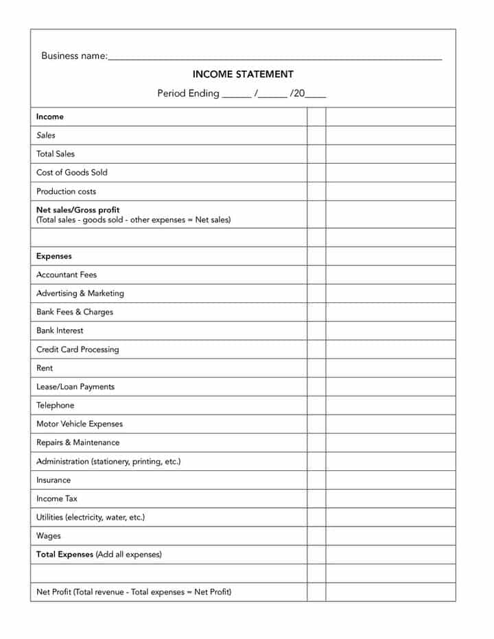Profit And Loss Statement For Small Business And Excel Sheet For Accounting Free Download