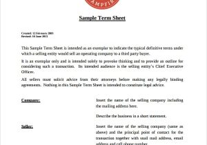 Business Acquisition Term Sheet Sample And Term Sheet Template Doc